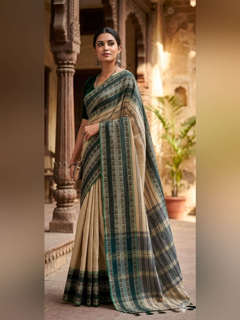 Women Pure Tussar Bengal Handloom Tangail Saree Beige/green/black Mint Condition